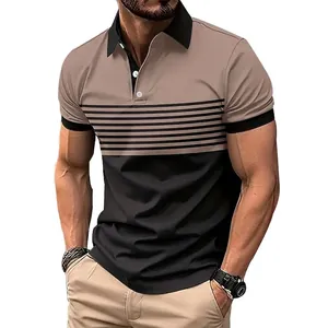 Men Casual Short Sleeve Polo Shirt Color Block Stripe Design Contrast Lapel Collar Slim Fit Breathable Summer Fashion Top
