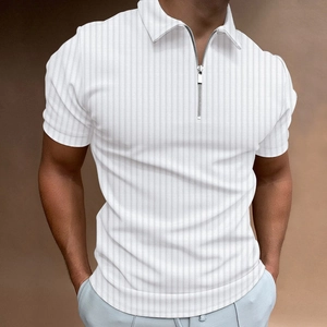 Detail of white men's polo shirt with vertical stripe texture and silver metal zipper