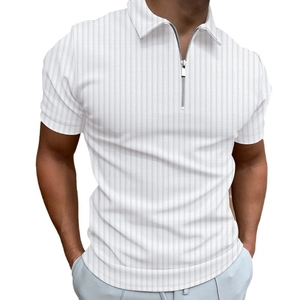 Men's white vertical striped slim fit short sleeve polo shirt with modern zipper collar