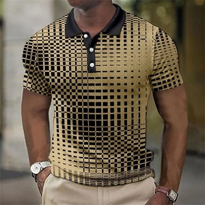 Men's short sleeve polo shirt featuring a black and gold 3D geometric grid pattern