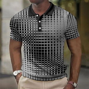 Men's short sleeve polo shirt with 3D digital geometric gradient pattern and black collar