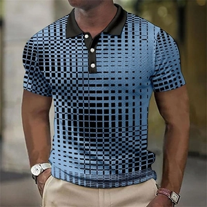 Macro detail of the 3D blue and black geometric grid print on a slim fit men's polo shirt