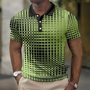 Close-up of green and black geometric grid gradient pattern on men's polo shirt