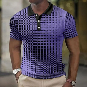 Detail of purple pixelated gradient pattern on men's golf polo with black contrast collar