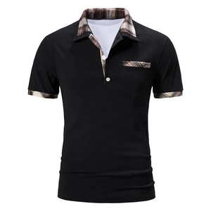 Polo Homme à Manches Courtes Patchwork à Carreaux Business Décontracté Revers Color-blocking Poche Bouton Polo T-Shirt
