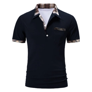 Polo à manches courtes bleu marine pour hommes avec col et poche à carreaux marron