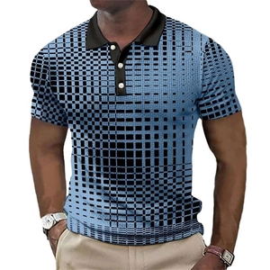 Men's golf polo shirt with blue and black gradient pixelated check print and zip collar