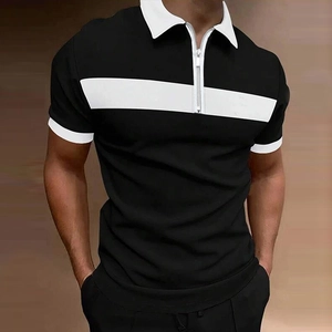 Polo Décontracté à Rayures en Poliestere pour Hommes Mode Fermeture Éclair Revers Manches Courtes Bloc de Couleur Respirant Haut d'Été pour Hommes