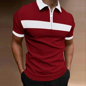Polo homme coupe ajustée avec rayures bicolores bordeaux et blanc et col zippé élégant