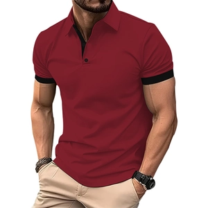 Classic dark red men's short-sleeve polo shirt with black contrast trim and collar