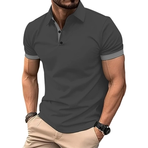 Slim fit men's dark grey polo shirt with light grey contrast collar and sleeve details