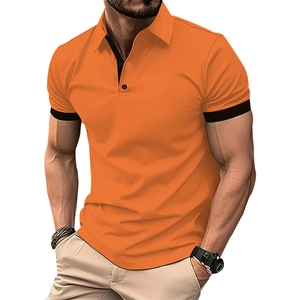 Men's orange short sleeve polo shirt with black contrast trim and slim fit design