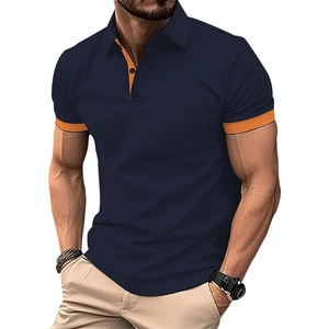 Slim fit dark blue polo shirt for men with vibrant orange collar and sleeve accents