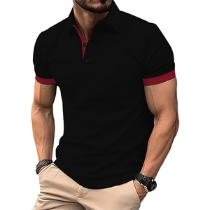 Close-up of black men's Polo shirt with burgundy contrast collar and cuff details