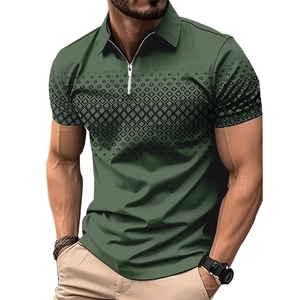 Olive green slim fit men's polo shirt with modern 3D geometric print and zipper neck