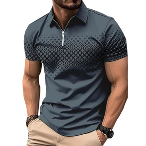 Detail of grey-blue men's polo shirt featuring 1/4 zipper and gradient diamond pattern