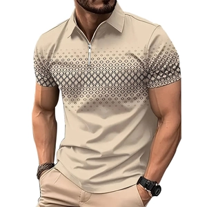 Men's beige short sleeve polo shirt with 3D gradient geometric print and half-zipper