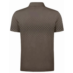 Detailed back view of men's brown short sleeve Polo shirt with black geometric diamond pattern