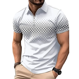 Men's white short sleeve polo shirt with black 3D geometric diamond pattern and half-zipper