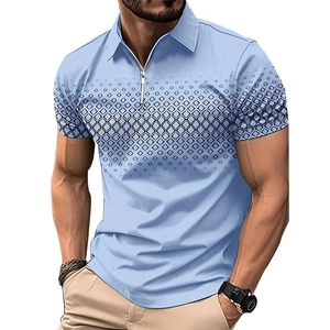 Detail of light blue men's polo shirt featuring zipper collar and black diamond print