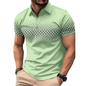 Detail of mint green men's Polo with zipper neckline and black diamond grid print pattern