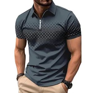 Men Geometric Lattice Print Short Sleeve Polo Shirt Summer Zipper Neck Breathable Slim Fit Fashion Urban Casual Tops