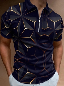 Detail shot of men's polo shirt with gold 3D star grid pattern and zipper collar