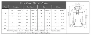 Size chart for heart print hoodie showing measurements for sizes M to 4XL in CM and inches