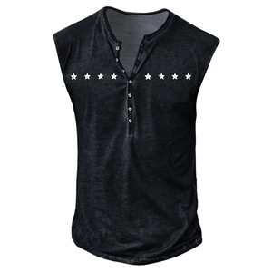 Λεπτομέρεια vintage αμάνικης μπλούζας Henley με αστέρια και γιακά με κουμπιά