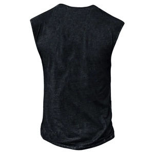 Detail showing acid wash texture and back view of men's VQ casual sleeveless vest