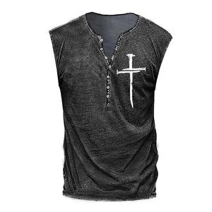 Detail of Henley neck buttons and faded vintage texture on sleeveless men vest