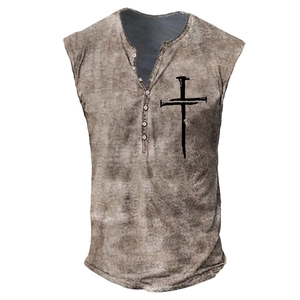 Detail of the three-button Henley placket and black cross print on the acid-wash vest