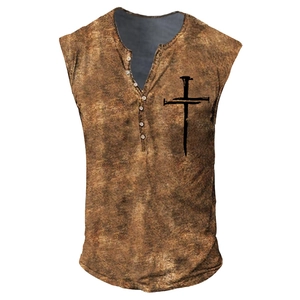Detail of multi-button Henley neckline and cross print on vintage brown men's vest