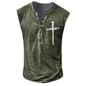 Detail of army green sleeveless Henley shirt with vintage wash and white cross print