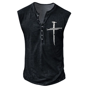 Detailed view of the vintage black Henley tank top with a white cross print on chest