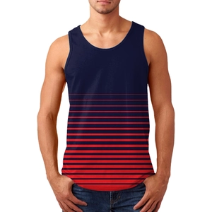 Detailed view of men's athletic tank top featuring navy blue and red striped design