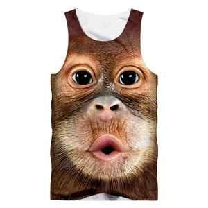 Detail view of 3D digital orangutan print on breathable mesh sleeveless shirt for men