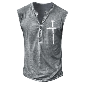 Close-up of acid washed men's sleeveless Henley shirt with cross print and five buttons