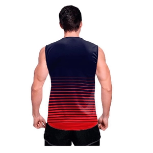 Detail view showing the back of a men's 3D digital print tank top with red striped patterns