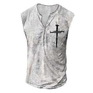 Close-up of vintage grey acid wash men's sleeveless shirt with henley button neckline
