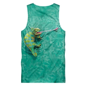 Detailed macro view of 3D chameleon print with realistic tongue pull effect on mesh tank top