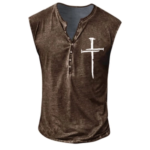 Detail of vintage brown Henley tank top featuring cross print and seven-button neckline