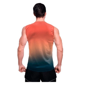 Rear view of men's athletic vest featuring orange to teal gradient and racerback design