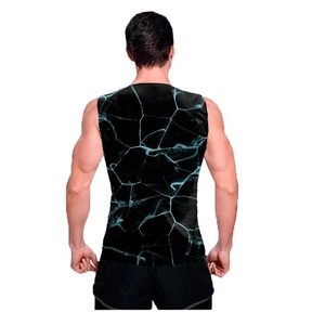 Close-up of men's athletic tank top with blue electric crackle pattern on black fabric