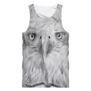 Detail of white men's tank top showing the eagle head graphic and mesh fabric texture