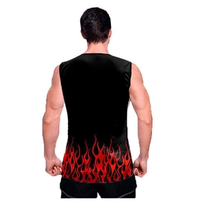 Back view of men's sports tank top featuring a striking red flame print on black fabric