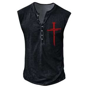 Close-up of the vintage washed black sleeveless Henley shirt featuring a red cross print