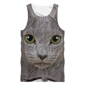 Detail of breathable mesh fabric and vivid 3D cat print on men's gray tank top