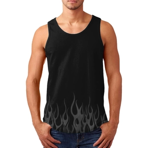 Detail view of the gray flame print pattern on the hem of a black sleeveless vest for men