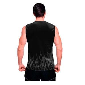 Detailed back view of men's athletic tank top with gray flame print on black fabric